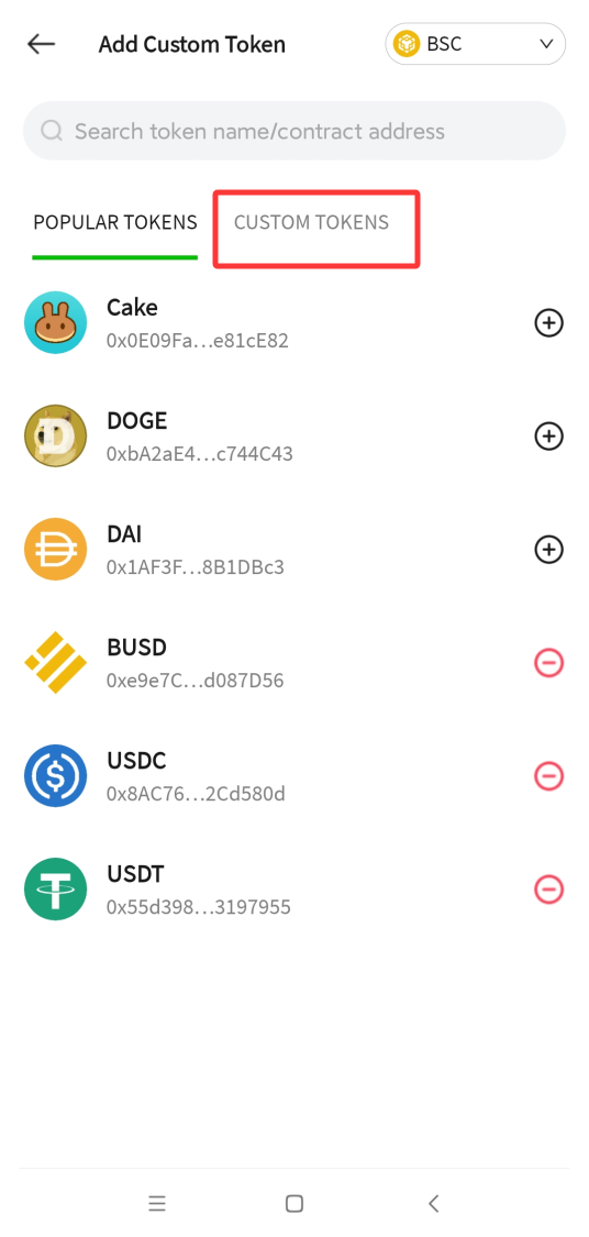 P.CN 添加代币页，热门代币列表与 CUSTOM TOKENS 自定义标签