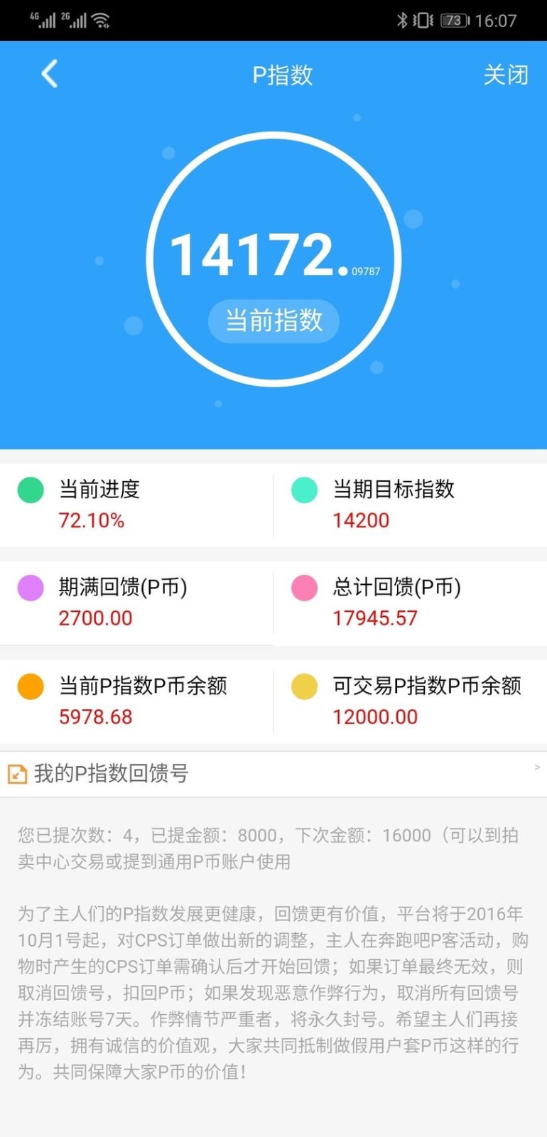 PCNapp 国内版P指数页面，显示当前指数、目标指数、期满回馈与P币余额等数据