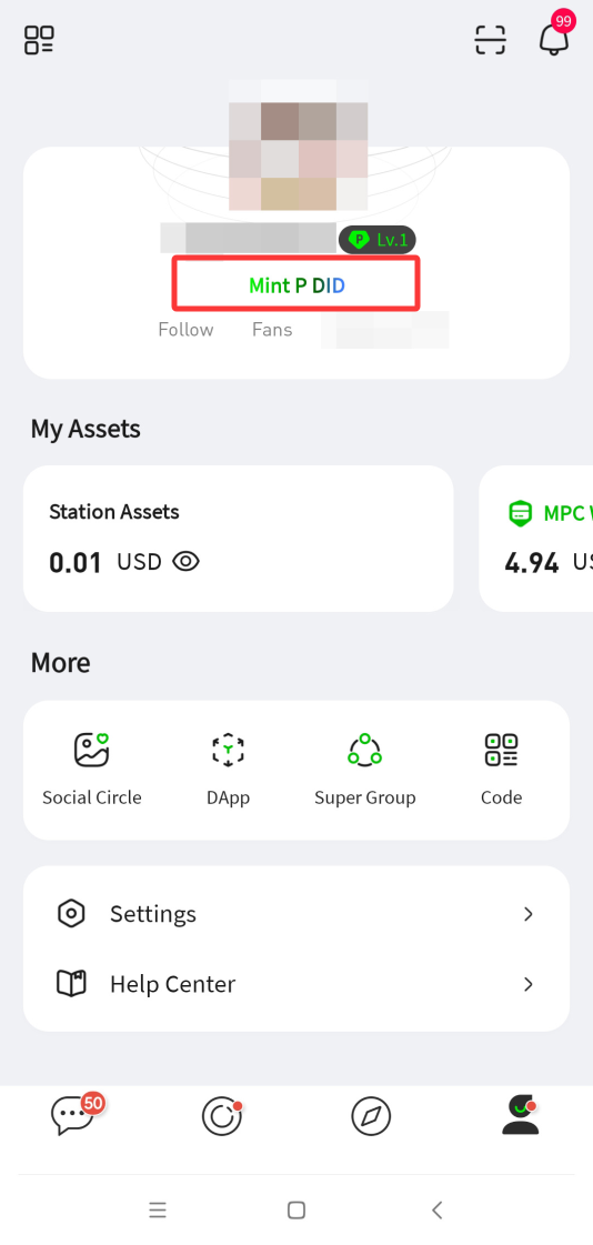 P.CN 个人主页，红框标出 Mint P DID 铸造入口