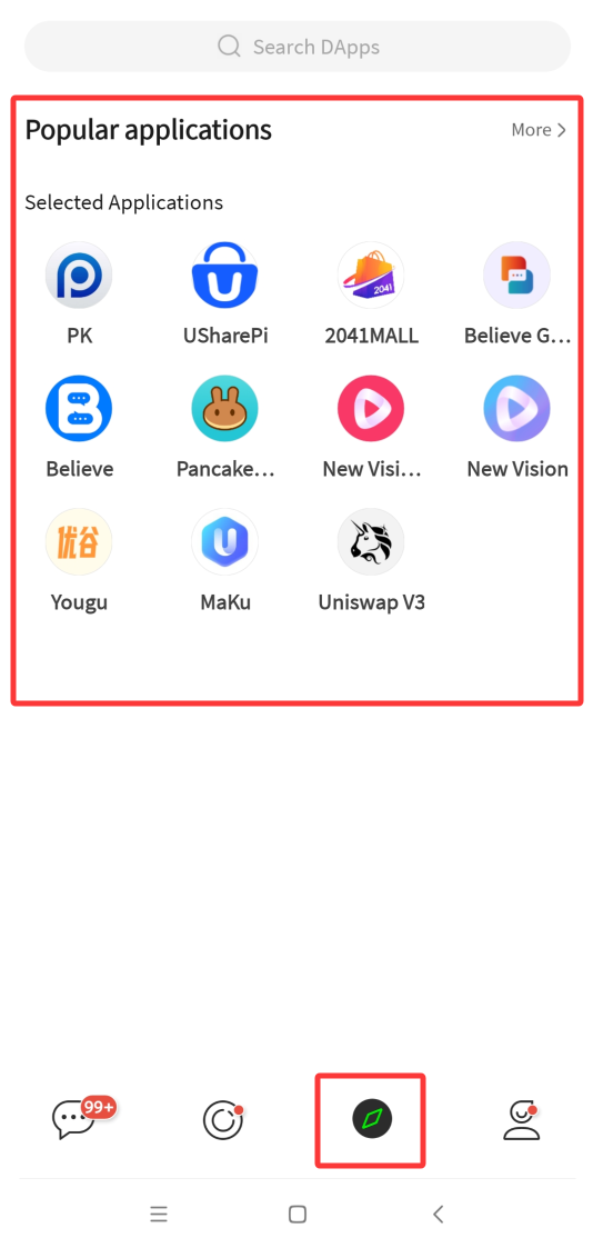 P.CN DApp 浏览器页，红框标出底部导航与搜索框区域