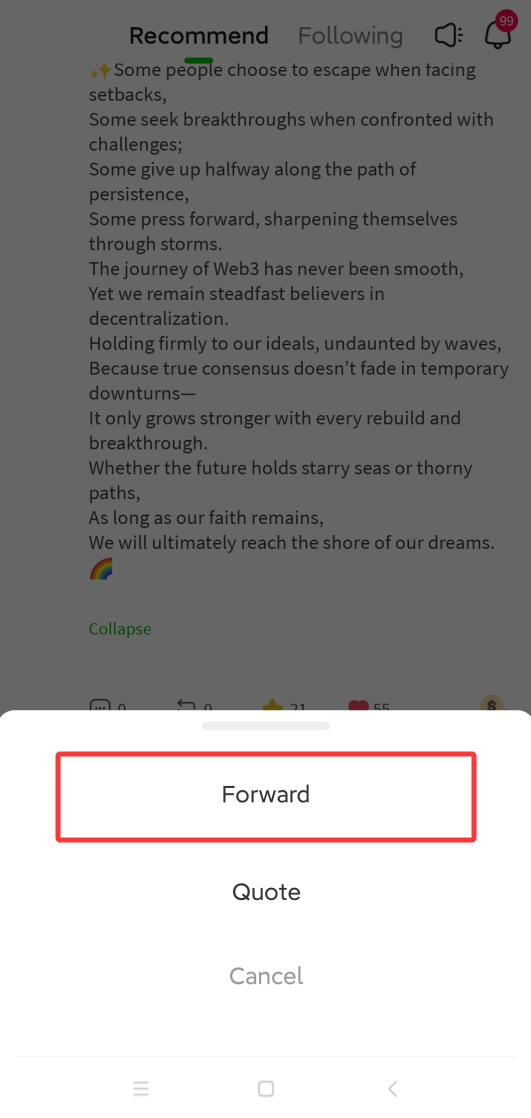 P.CN 转发菜单,红框标出 Forward 直接转发选项