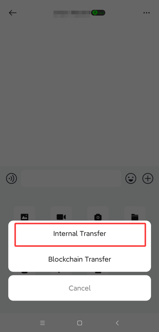 P.CN 转账方式选择弹窗，红框标出 Internal Transfer 站内转账选项