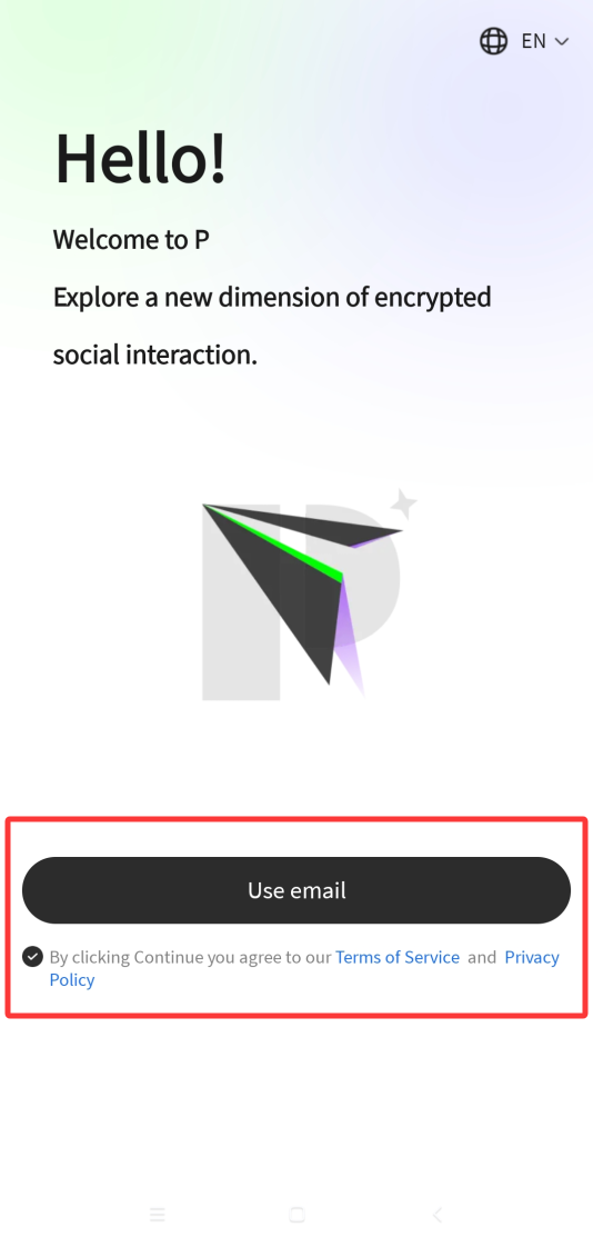 P.CN 欢迎注册页面，红框标出 Use email 按钮与服务条款勾选项